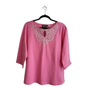 Bob Mackie Wearable Art Pink Beaded Embroidered Floral Keyhole Sweater L NWT